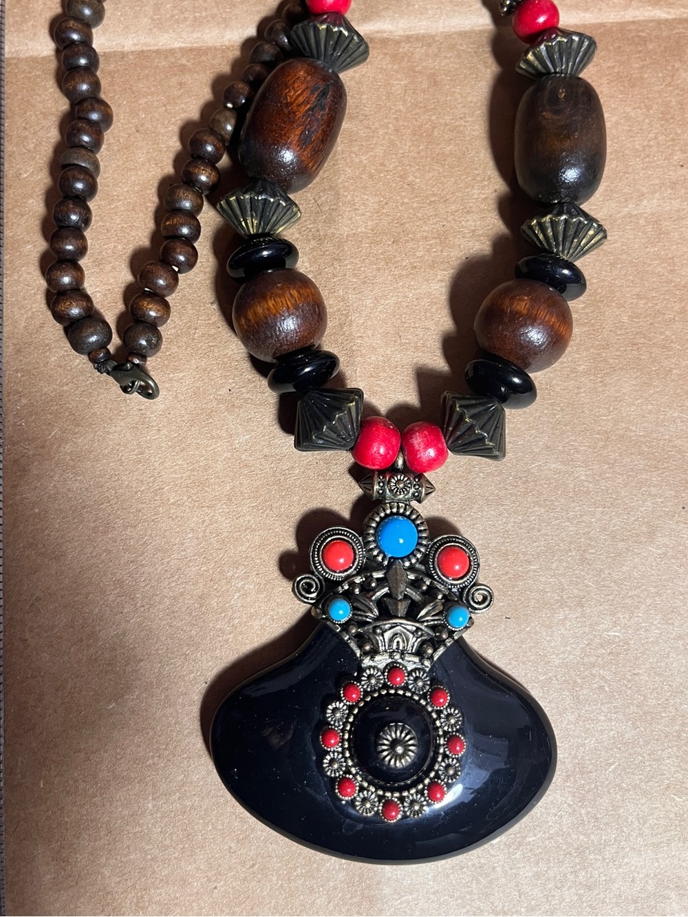 Bohemian Black Pendant Necklace with Red & Turquoise Accents
